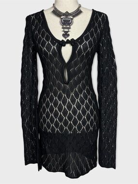 Open Knit Sweater Top Dress Small Medium Deep V Grunge Whimsigoth Goth Vamp